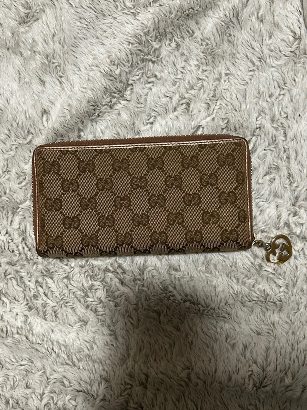 Gucci Continental Brown Monogram Zip Wallet with Metalic gold trimming